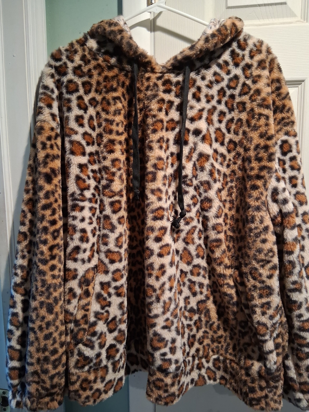 Leopard Print Faux Fur Hooded Sweater - Brown